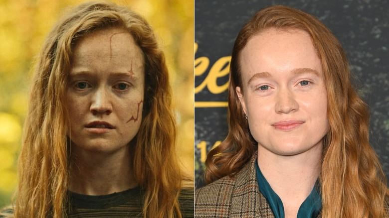 Fotos una al lado de la otra de Liv Hewson como su personaje de los Yellowjackets (izquierda) y como ellas mismas en la alfombra roja (derecha)