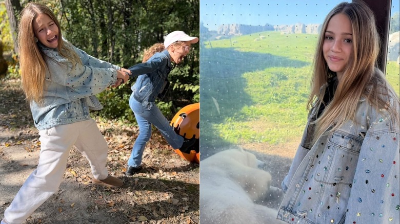Fotos una al lado de la otra de Skywalker Hughes mostrando su chaqueta vaquera enjoyada