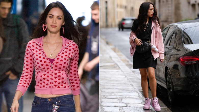 Lado a lado: Megan Fox en "El cuerpo de Jennifer" y una mujer con una sudadera con capucha rosa