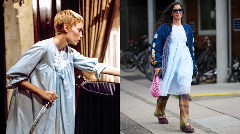 Lado a lado: Mia Farrow en "El bebe de romero" y una mujer vestida con un camisón azul