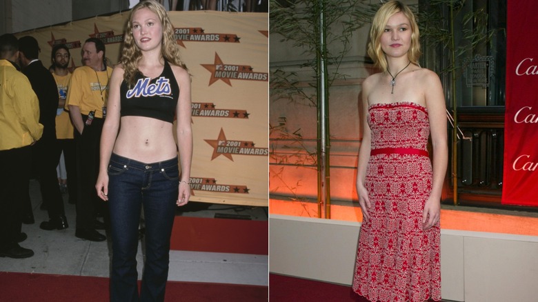 (L) Julia Stiles con un top hecho a mano en 2001 (R) Julia Stiles con un corte de pelo bob en 2003