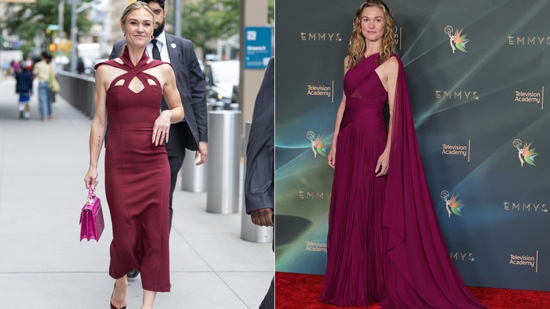 Julia Stiles luciendo moda rojo granate en 2026