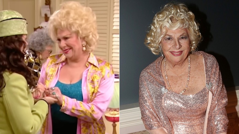 Imagen dividida de Renée Taylor en The Nanny y posando detrás del escenario en "Mi vida a dieta" en el Teatro de la Iglesia de San Clemente el 9 de septiembre de 2018.