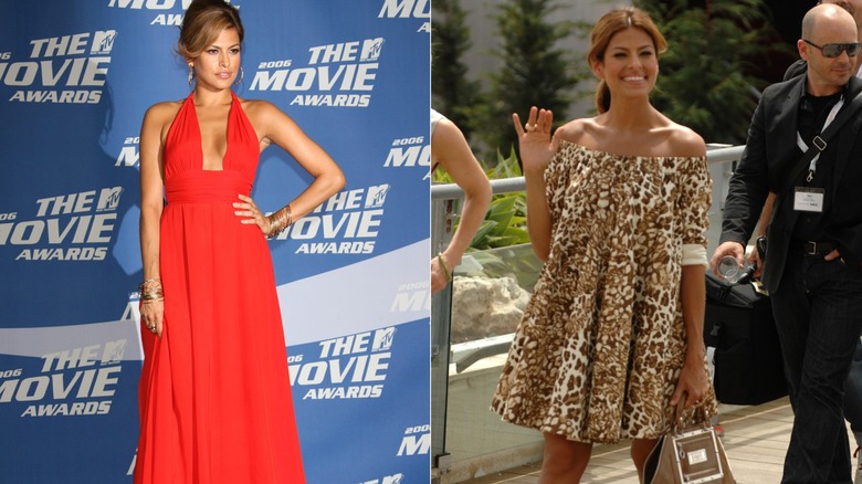 Eva Mendes posando en la alfombra roja con un vestido rojo en 2006 a la izquierda y con un vestido con estampado animal y hombros descubiertos en 2007 a la derecha.