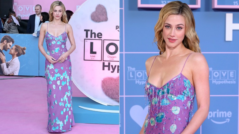 Lili Reinhart lleva un vestido largo con tirantes finos morado y azul de Emanuel Ungaro