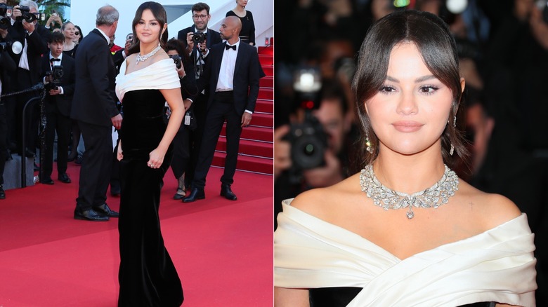 Selena Gomez con vestido blanco y negro de Saint Laurent en el Festival de Cine de Cannes 2024