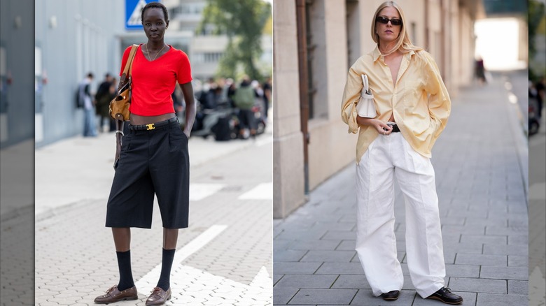 Una modelo viste una camiseta roja, bermudas y náuticos de cuero marrón con calcetines altos / Lea Rohe viste una camisa abotonada de color amarillo pálido, pantalones anchos blancos y náuticos de cuero marrón oscuro