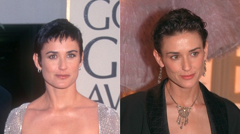 Demi Moore en la 54ª edición anual de los Golden Globe Awards en Beverly Hills en enero de 1997 / Demi Moore en la inauguración de la sala de exposición de Christian Dior en París en octubre de 1997
