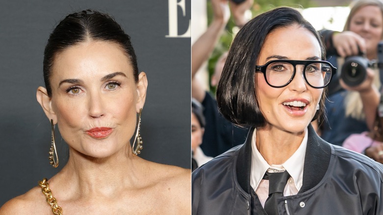 Demi Moore asiste a la celebración anual ELLE Women in Hollywood de 27th en Los Ángeles en octubre de 2021 / Demi Moore en el desfile de primavera/verano de Thom Browne durante la Semana de la Moda de Nueva York en septiembre de 2026