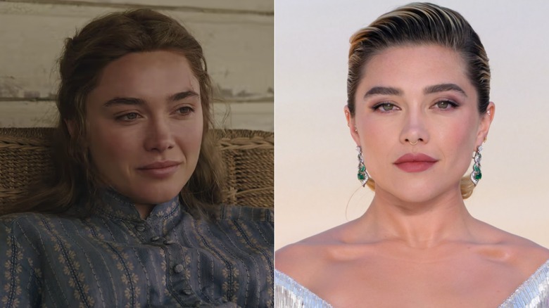 Florence Pugh como Cathy en East of Eden (L) y Florence Pugh en la vida real (R)