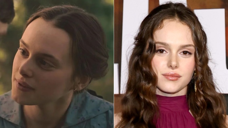 Zoe Phillips como Abra en East of Eden (L) y Zoe Phillips en la vida real (R)