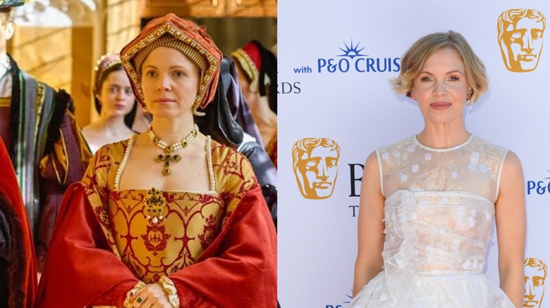 Kate Phillips fotografiada como Jane Seymour en 'Wolf Hall'" a la izquierda y con un vestido de tul blanco a la derecha.