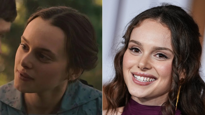 Zoe Phillips como Abra en 2026 East of Eden de Netflix (L) y Zoe Phillips en la vida real en el estreno de East of Eden