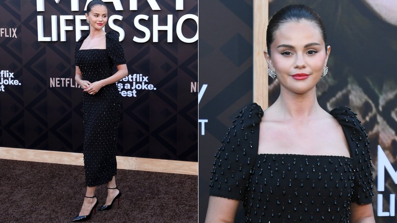 Selena Gomez con un vestido negro de pedrería de Carolina Herrera en el estreno de 