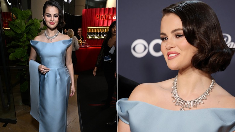 Selena Gomez con vestido azul de Prada en los Globos de Oro 2025