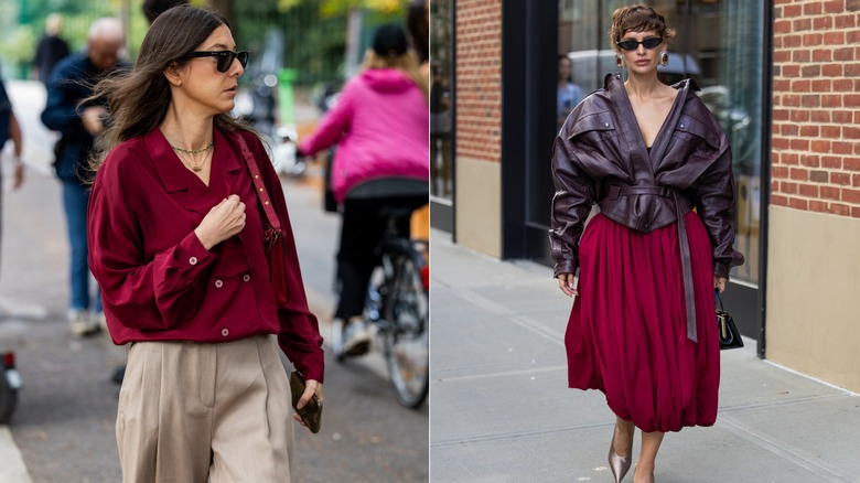 Una invitada viste una blusa roja burdeos y pantalones color canela en Milán, Italia, en septiembre de 2026 / Irina Kro Eicke viste una chaqueta de cuero color ciruela y una falda midi roja burdeos en la ciudad de Nueva York en septiembre de 2026