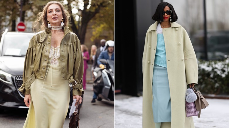 Svitlana Degtyarenko con un vestido lencero amarillo verdoso pálido y una chaqueta de cuero verde oliva durante la Semana de la Moda de París en octubre de 2026 / Una invitada con un top y una falda verde azulado y un abrigo de ópera verde claro en Copenhague, Dinamarca, en enero de 2026