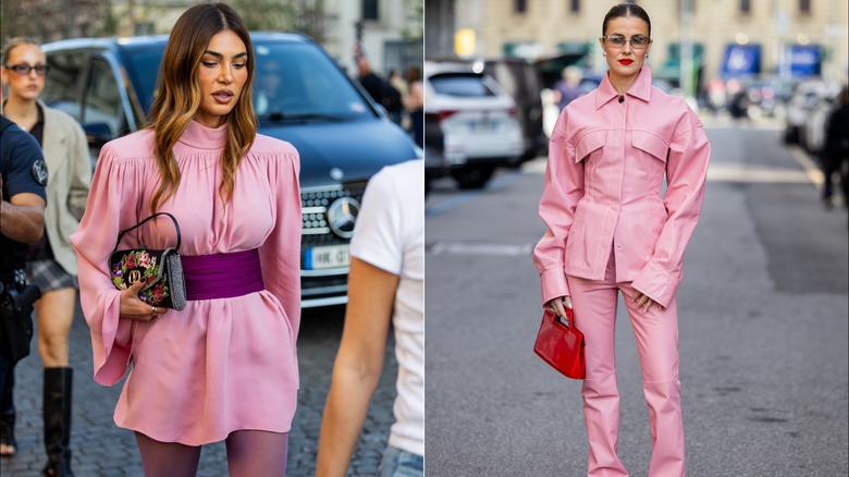 Negin Mirsalehi viste un vestido rosa de cuello alto con cinturón morado durante la Semana de la Moda de París en octubre de 2026 / Nina Sandbech viste una chaqueta y pantalones de color rosa rosado durante la Semana de la Moda de Milán en febrero de 2025