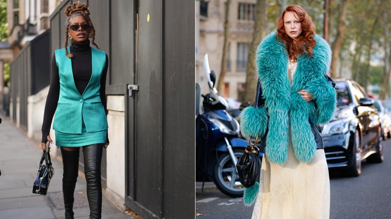 Una invitada viste un chaleco verde azulado y una minifalda a juego, un jersey de cuello alto negro y botas durante la Semana de la Moda de Londres en septiembre de 2026. Una invitada viste un abrigo de piel verde azulado y una falda larga color marfil durante la Semana de la Moda de París en octubre de 2025.