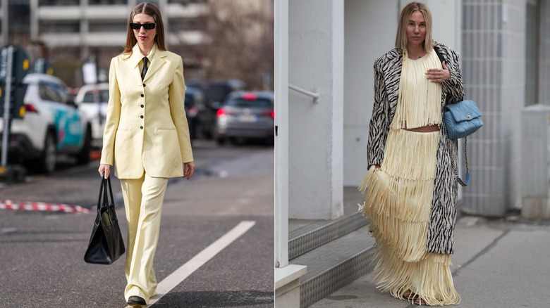Una invitada viste un traje amarillo anís durante la Semana de la Moda de Milán en febrero de 2025 / Karin Teigl viste un top con flecos amarillo anís y una falda larga a juego, y un abrigo con estampado de cebra en Viena, Austria, en marzo de 2026