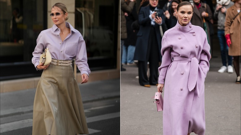 Iryna Thater viste una camisa abotonada color lavanda y una falda midi color topo durante la Semana de la Moda de París en septiembre de 2026 / Una invitada viste un chaquetón cruzado de color púrpura lavanda durante la Semana de la Moda de París en marzo de 2024