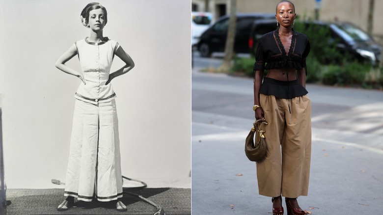 Una mujer en la década de 1930 y en 2026 con pantalones anchos.