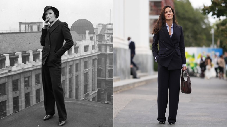 Una mujer en los años 30 y en 2026 con trajes andróginos
