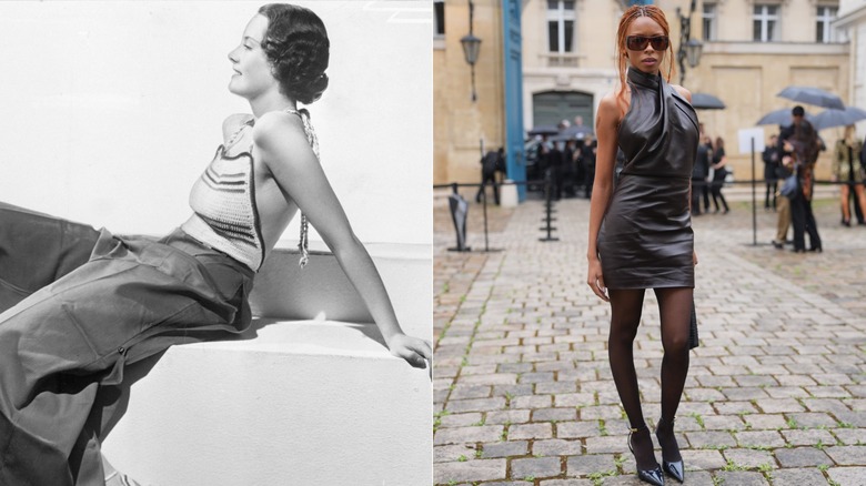 Una mujer en la década de 1930 y en 2026 con estilos de cuello halter