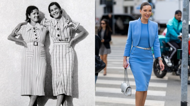Dos mujeres en los años 30 y una en 2026 con vestidos con cinturones alrededor de la cintura