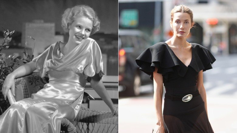 Una mujer en la década de 1930 y en 2026 con ondeantes mangas de mariposa