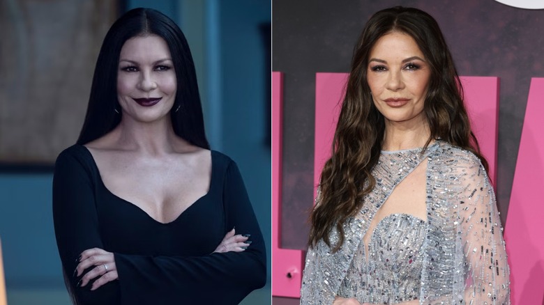 (Izquierda) Catherine Zeta-Jones como Morticia Addams en la serie de Netflix 