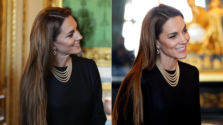 Kate Middleton con cabello lacio y un collar llamativo en diciembre de 2025