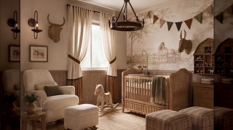 Guardería para bebés con decoración de caballos y ganado.