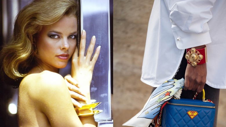 Lisa Taylor fotografiada en 1976 con brazaletes dorados y una imagen de un brazalete rojo y dorado sosteniendo un bolso a la derecha.