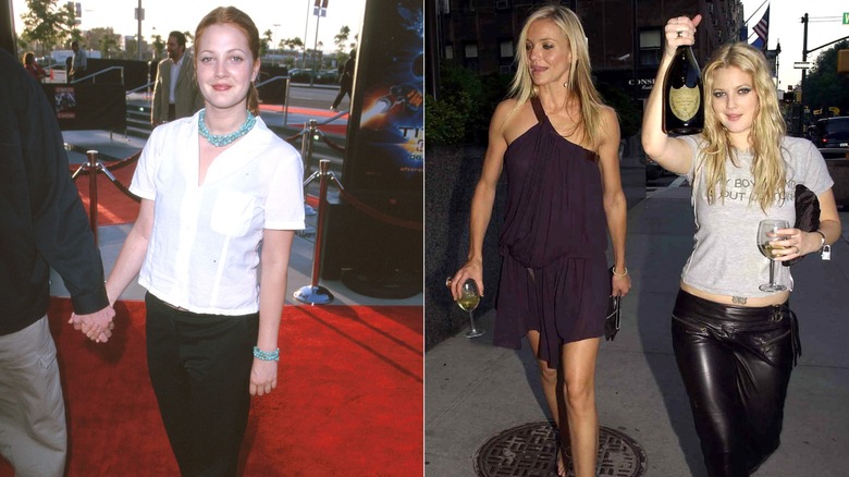 (I) Drew Barrymore en una alfombra roja en 2000 (R) Drew Barrymore y Cameron Diaz en 2003