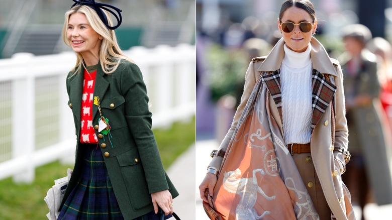 Una mujer con un jersey de oveja con blazer y falda de tartán, junto a una mujer con un trench de Burberry y una bufanda con motivos de caballos.