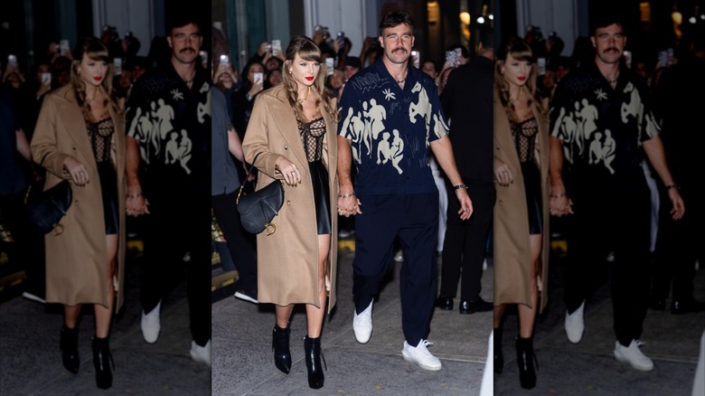 Taylor Swift usa un abrigo color camel, falda de cuero negra y botas mientras sale con Travis Kelce