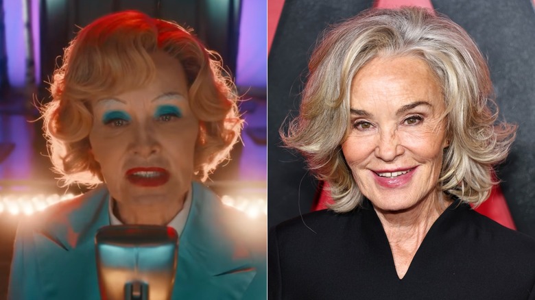 Fotos de lado a lado de Jessica Lange en su personaje en AHS (izquierda) y como ella misma en la alfombra roja (derecha)