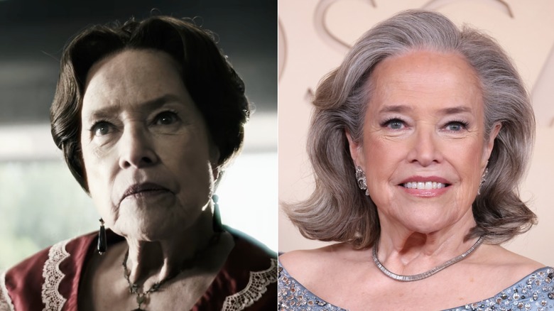 Fotos de lado a lado de Kathy Bates en su personaje en AHS (izquierda) y ella misma en la alfombra roja (derecha)