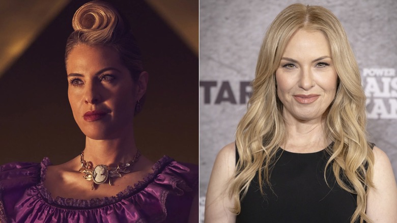 Fotos una al lado de la otra de Leslie Grossman en su personaje de AHS (izquierda) y ella misma en la alfombra roja (derecha)