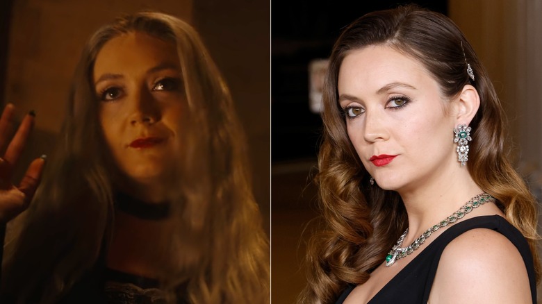 Fotos de lado a lado de Billie Lourd en su personaje en AHS (izquierda) y ella misma en la alfombra roja (derecha)