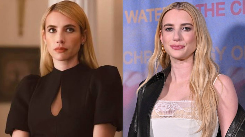 Fotos una al lado de la otra de Emma Roberts en su personaje en AHS (izquierda) y ella misma en la alfombra roja (derecha)