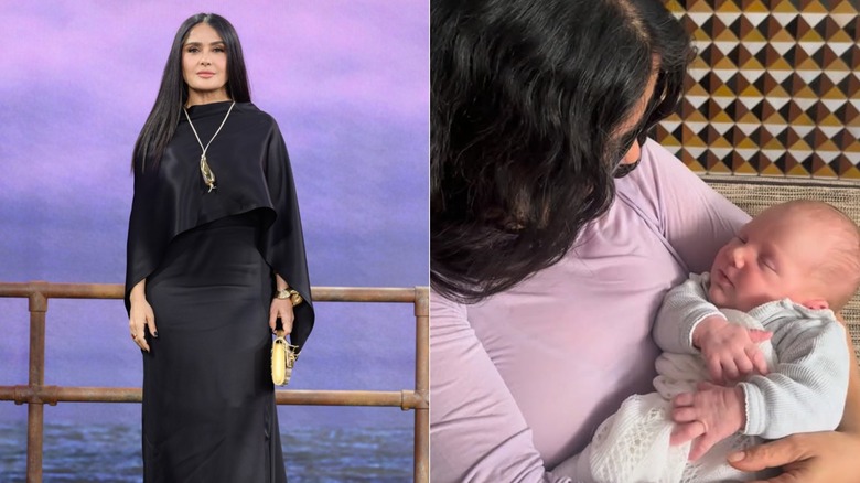 Salma Hayek posando con un vestido negro a la izquierda y sosteniendo a su nieto a la derecha.