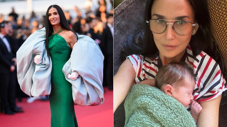 Demi Moore con un vestido verde a la izquierda y sosteniendo a su nieto a la derecha.