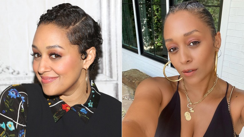 Tia Mowry con un corte pixie corto negro (L) Tia Mowry con dos trenzas francesas y raíces grises (R)