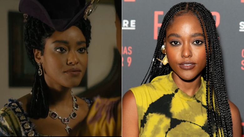 Izquierda: Arsema Thomas como Lady Agatha Danbury en 