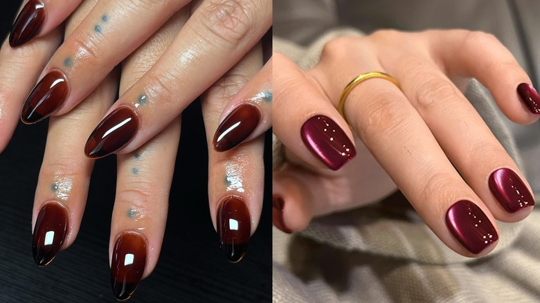 Uñas largas de gelatina marrón que se muestran a la izquierda y uñas cortas de gelatina de frambuesa que se muestran a la derecha.