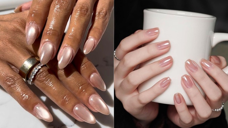 Uñas largas color nude nacaradas que se muestran a la izquierda y uñas cortas color nude nacaradas que se muestran a la derecha.