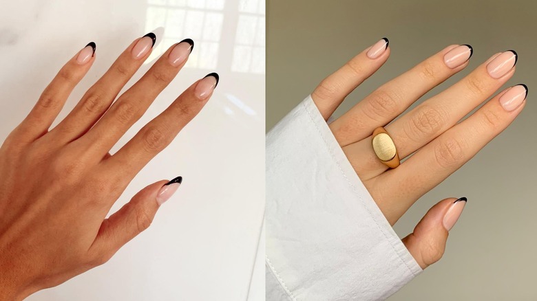 Una manicura francesa larga y negra que se muestra a la izquierda y una manicura francesa corta y negra que se muestra a la derecha.