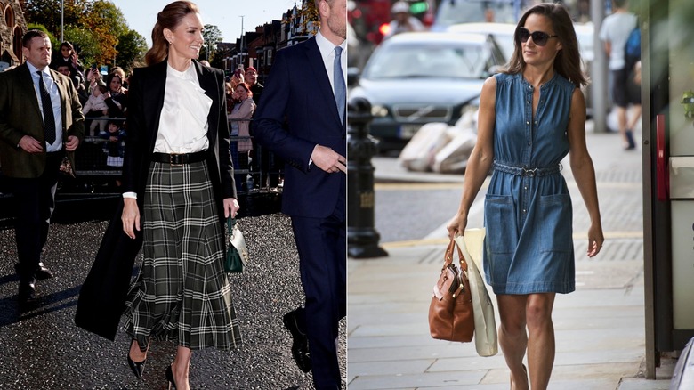 L: Kate Middleton con falda a cuadros y blusa con volantes. R: Pippa Middleton con un vestido recto de mezclilla
